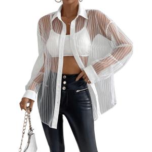 imageFloerns Womens Sheer Drop Shoulder Blouse Long Sleeve Collar Button Loose Shirts TopsWhite