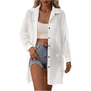 imageFloerns Womens Sheer Drop Shoulder Blouse Long Sleeve Collar Button Loose Shirts TopsWhite Plain