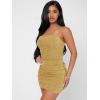 imageFloerns Womens Glitter Sleeveless Ruched Party Clubwear Bodycon Mini DressYellow Solid