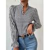 imageFloerns Womens Houndstooth Print Notched V Neck Long Sleeve Casual Blouse TopsBlack and White
