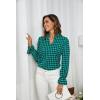 imageFloerns Womens Houndstooth Print Notched V Neck Long Sleeve Casual Blouse TopsGreen Black
