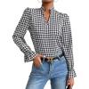 imageFloerns Womens Houndstooth Print Notched V Neck Long Sleeve Casual Blouse TopsBlack and White