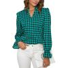 imageFloerns Womens Houndstooth Print Notched V Neck Long Sleeve Casual Blouse TopsGreen Black