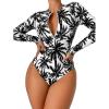 imageFloerns Womens One Piece Swimsuit Zip Front Long Sleeve Rashguard SurfingBlack White Tree