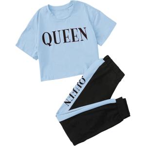 imageFloerns Girls 2 Piece Letter Graphic Short Sleeve Crop Top and Legging SetLight Blue