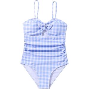 imageFloerns Girls Gingham Print Ruched Cut Out Knot Front One Piece SwimsuitBlue and White