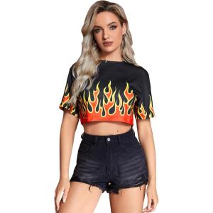 imageFloerns Womens Casual Print Crop Top Short Sleeve T ShirtsA Black Fire
