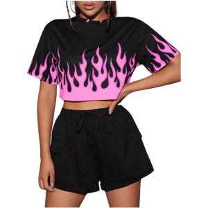 imageFloerns Womens Casual Print Crop Top Short Sleeve T ShirtsPink