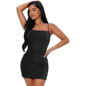 imageFloerns Womens Glitter Sleeveless Ruched Party Clubwear Bodycon Mini DressBlack