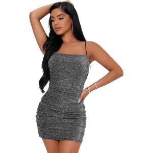 imageFloerns Womens Glitter Sleeveless Ruched Party Clubwear Bodycon Mini DressDark Grey
