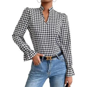 imageFloerns Womens Houndstooth Print Notched V Neck Long Sleeve Casual Blouse TopsBlack and White