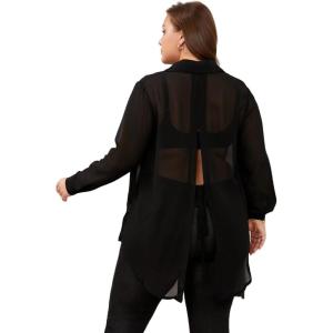 imageFloerns Womens Plus Size Long Sleeve Button Front Sheer Tie Back Shirt Blouse TopBlack