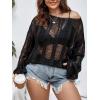 imageFloerns Womens Plus Size Crochet Sweater Cover Up Top Hollow Out Long Sleeve Asymmetrical Neck Mesh Shirt Pullover TopBlack