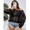 imageFloerns Womens Plus Size Crochet Sweater Cover Up Top Hollow Out Long Sleeve Asymmetrical Neck Mesh Shirt Pullover TopBlack
