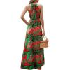imageFloerns Womens Summer Tropical Floral Print Halter Neck Split Maxi DressGreen Red Multi