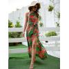 imageFloerns Womens Summer Tropical Floral Print Halter Neck Split Maxi DressGreen Red Multi