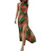 imageFloerns Womens Summer Tropical Floral Print Halter Neck Split Maxi DressGreen Red Multi