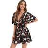 imageFloerns Womens Tropical Floral Plunging V Neck Tie Open Back Summer Short DressBlack Red Floral