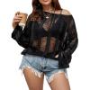 imageFloerns Womens Plus Size Crochet Sweater Cover Up Top Hollow Out Long Sleeve Asymmetrical Neck Mesh Shirt Pullover TopBlack