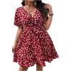 imageFloerns Womens Plus Size Floral Print Short Sleeve V Neck Ruffle Wrap DressHot Red