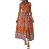 imageFloerns Womens Summer Tropical Floral Print Halter Neck Split Maxi DressOrange Floral