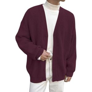 imageFloerns Mens Casual Long Sleeve Button Front V Neck Rib Knit Cardigan SweaterBurgundy