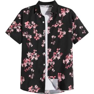 imageFloerns Mens Causal Summer Print Hawaiian Shirt Short Sleeve Button Down Beach ShirtsBlack Floral