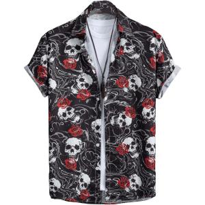 imageFloerns Mens Causal Summer Print Hawaiian Shirt Short Sleeve Button Down Beach ShirtsBlack Skull