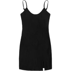 imageFloerns Womens Casual Solid Sleeveless Cami Split Hem Ribbed Knit Bodycon Mini DressBlack