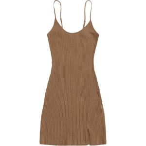 imageFloerns Womens Casual Solid Sleeveless Cami Split Hem Ribbed Knit Bodycon Mini DressBrown