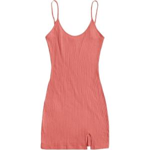 imageFloerns Womens Casual Solid Sleeveless Cami Split Hem Ribbed Knit Bodycon Mini DressCoral Pink