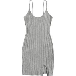 imageFloerns Womens Casual Solid Sleeveless Cami Split Hem Ribbed Knit Bodycon Mini DressGrey