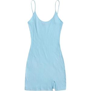 imageFloerns Womens Casual Solid Sleeveless Cami Split Hem Ribbed Knit Bodycon Mini DressLight Blue