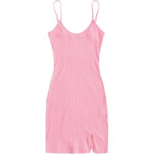 imageFloerns Womens Casual Solid Sleeveless Cami Split Hem Ribbed Knit Bodycon Mini DressPink