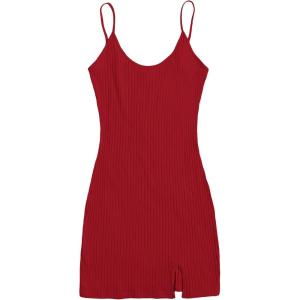 imageFloerns Womens Casual Solid Sleeveless Cami Split Hem Ribbed Knit Bodycon Mini DressRed