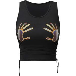 imageFloerns Womens Graphic Print Sleeveless Drawstring Ruched Crop Tank TopA Black