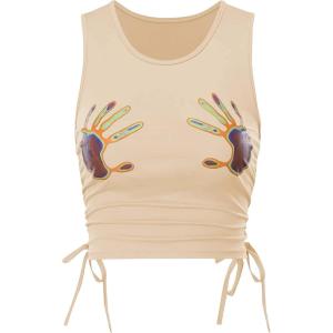 imageFloerns Womens Graphic Print Sleeveless Drawstring Ruched Crop Tank TopApricot