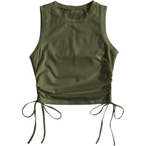 imageFloerns Womens Graphic Print Sleeveless Drawstring Ruched Crop Tank TopArmy Green
