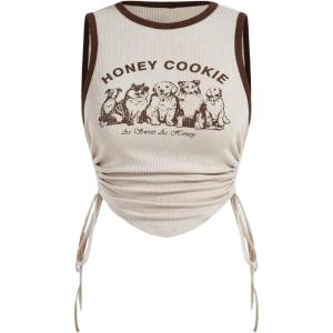 imageFloerns Womens Graphic Print Sleeveless Drawstring Ruched Crop Tank TopBeige Dog