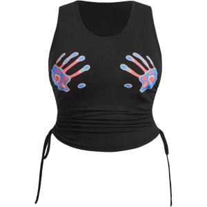 imageFloerns Womens Graphic Print Sleeveless Drawstring Ruched Crop Tank TopBlack Multi