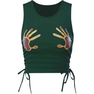 imageFloerns Womens Graphic Print Sleeveless Drawstring Ruched Crop Tank TopDark Green