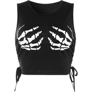 imageFloerns Womens Graphic Print Sleeveless Drawstring Ruched Crop Tank TopSkeleton Black