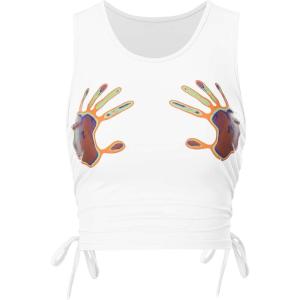 imageFloerns Womens Graphic Print Sleeveless Drawstring Ruched Crop Tank TopWhite