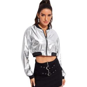 imageFloerns Womens Long Sleeve Lightweight Crop Bomber JacketSilver