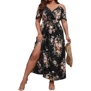 imageFloerns Womens Plus Size Cold Shoulder Short Sleeve Split Thigh Long DressBlack Flower
