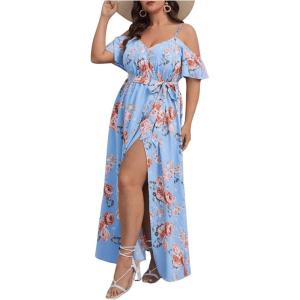 imageFloerns Womens Plus Size Cold Shoulder Short Sleeve Split Thigh Long DressLight Blue