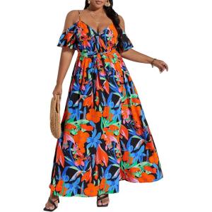 imageFloerns Womens Plus Size Cold Shoulder Short Sleeve Split Thigh Long DressRed Floral