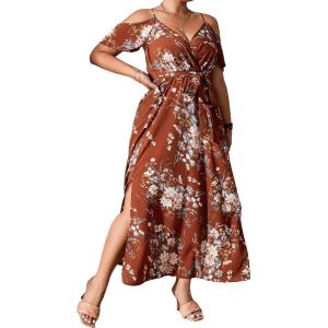imageFloerns Womens Plus Size Cold Shoulder Short Sleeve Split Thigh Long DressRust Brown