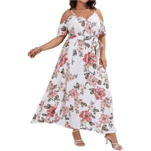 imageFloerns Womens Plus Size Cold Shoulder Short Sleeve Split Thigh Long DressWhite
