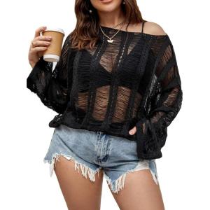 imageFloerns Womens Plus Size Crochet Sweater Cover Up Top Hollow Out Long Sleeve Asymmetrical Neck Mesh Shirt Pullover TopBlack
